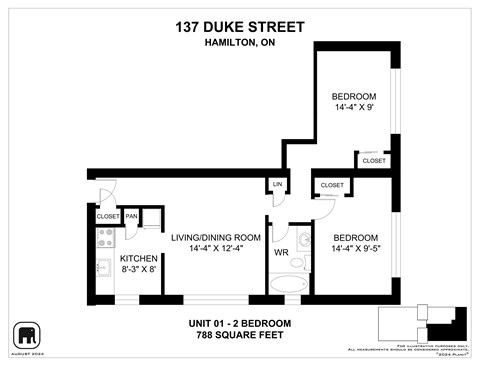 A floor plan for a 2 bedroom apartment at 137 Duke Street, Hamilton, ON.
